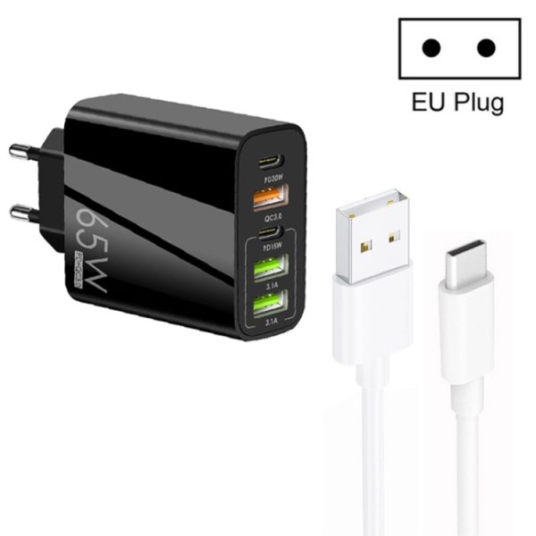 SYA001975901A-1.jpg 65W Dual PD Type-C + 3 x USB Multi Port Charger with 3A USB to Type-C Data Cable, EU Plug, EU Plug + USB to Type-C Cable