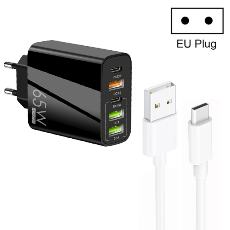 65W Dual PD Type-C + 3 x USB Multi Port Charger with 3A USB to Type-C Data Cable, EU Plug, EU Plug + USB to Type-C Cable 1 65W Dual PD Type-C + 3 x USB Multi Port Charger with 3A USB to Type-C Data Cable, EU Plug, EU Plug + USB to Type-C Cable