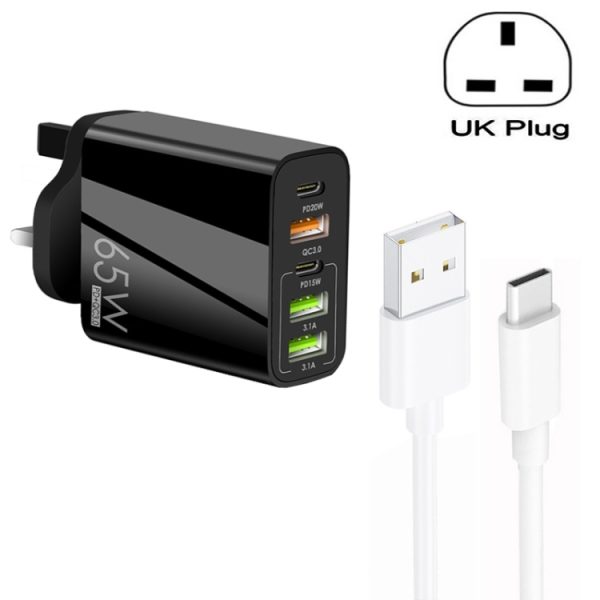 SYA001976001A-1.jpg 65W Dual PD Type-C + 3 x USB Multi Port Charger with 3A USB to Type-C Data Cable, UK Plug, UK Plug + USB to Type-C Cable