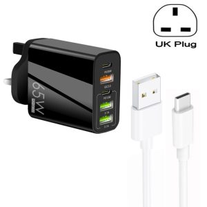65W Dual PD Type-C + 3 x USB Multi Port Charger with 3A USB to Type-C Data Cable, UK Plug, UK Plug + USB to Type-C Cable