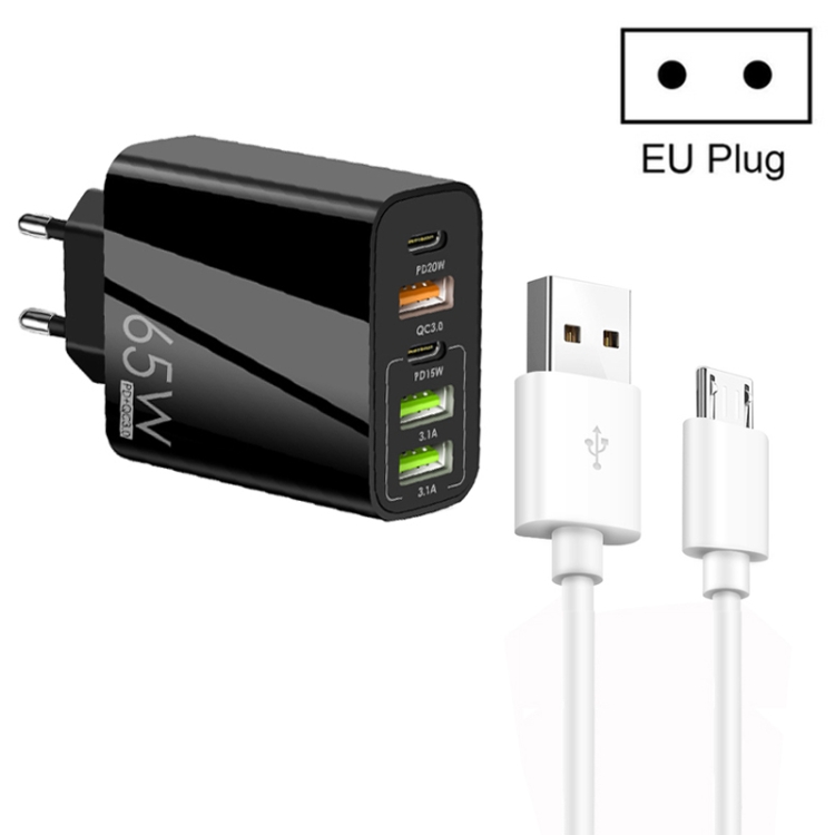 65W Dual PD Type-C + 3 x USB Multi Port Charger with 3A USB to Micro USB Data Cable, EU Plug, EU Plug + USB to Micro USB Cable 1 65W Dual PD Type-C + 3 x USB Multi Port Charger with 3A USB to Micro USB Data Cable, EU Plug, EU Plug + USB to Micro USB Cable