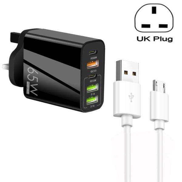 SYA001976701A-1.jpg 65W Dual PD Type-C + 3 x USB Multi Port Charger with 3A USB to Micro USB Data Cable, UK Plug, UK Plug + USB to Micro USB Cable