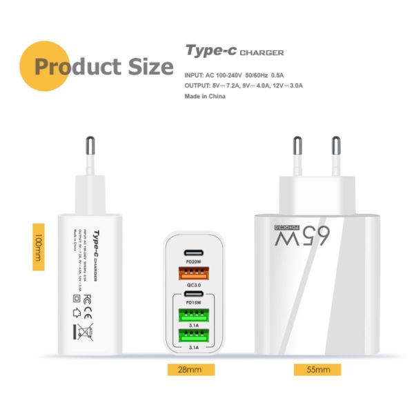 SYA001976701_B4.jpg 65W Dual PD Type-C + 3 x USB Multi Port Charger with 3A USB to Micro USB Data Cable, UK Plug, UK Plug + USB to Micro USB Cable