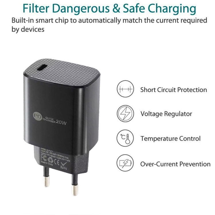 PD11 Mini Single Port PD3.0 USB-C / Type-C 20W Fast Charger for iPhone / iPad Series, EU Plug, EU Plug 4 PD11 Mini Single Port PD3.0 USB-C / Type-C 20W Fast Charger for iPhone / iPad Series, EU Plug, EU Plug - Image 4