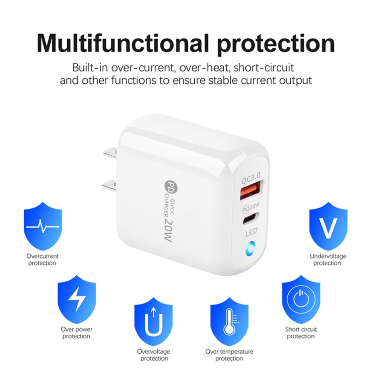 PD04 Type-C + USB Mobile Phone Charger with USB to 8 Pin Cable, US Plug, US Plug + USB to 8 Pin Cable 4 PD04 Type-C + USB Mobile Phone Charger with USB to 8 Pin Cable, US Plug, US Plug + USB to 8 Pin Cable - Image 4