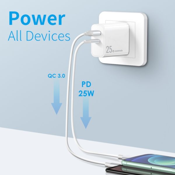 SYA002162801A_1.jpg NORTHJO NOPD2502 PD 25W USB-C/Type-C + QC 3.0 USB Dual Ports Fast Charger, US Plug, EU Plug, UK Plug, AU Plug