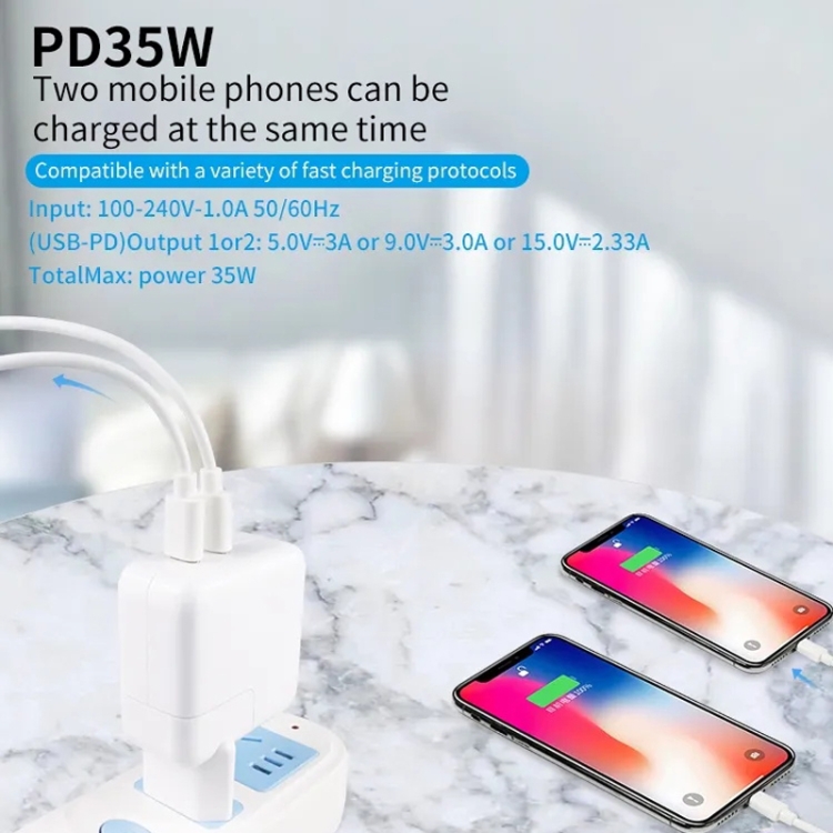 35W PD3.0 USB-C / Type-C Dual Port Charger with Type-C to 8 Pin Data Cable, US Plug, US Plug + 1m 8 Pin Cable, US Plug + 2m 8 Pin Cable 4 35W PD3.0 USB-C / Type-C Dual Port Charger with Type-C to 8 Pin Data Cable, US Plug, US Plug + 1m 8 Pin Cable, US Plug + 2m 8 Pin Cable - Image 4