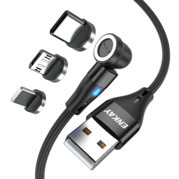 SYA002285701A-1.jpg ENKAY 3 in 1 3A USB to Type-C / 8 Pin / Micro USB Magnetic 540 Degrees Rotating Fast Charging Cable, 1m, 2m