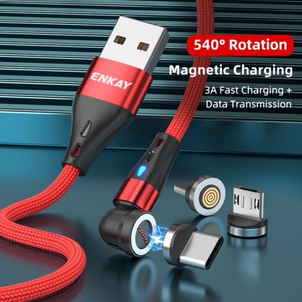 SYA0022857_B1.jpg ENKAY 3 in 1 3A USB to Type-C / 8 Pin / Micro USB Magnetic 540 Degrees Rotating Fast Charging Cable, 1m, 2m