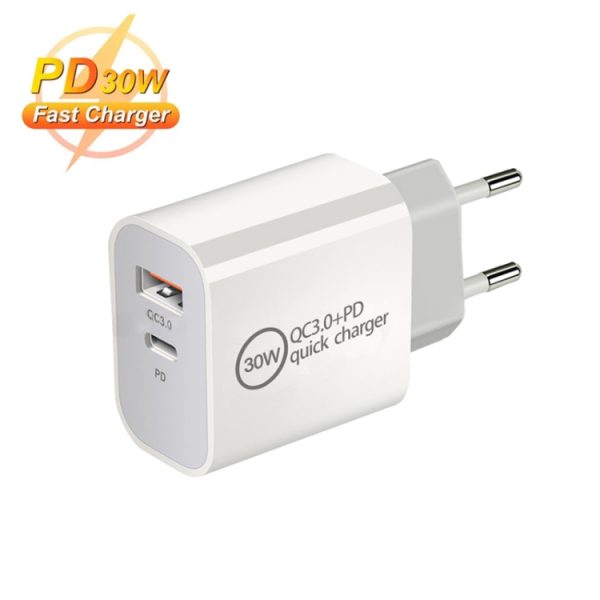 SYA002305301_1.jpg PD30W USB-C / Type-C + QC3.0 USB Dual Port Charger, EU Plug, US Plug, AU Plug