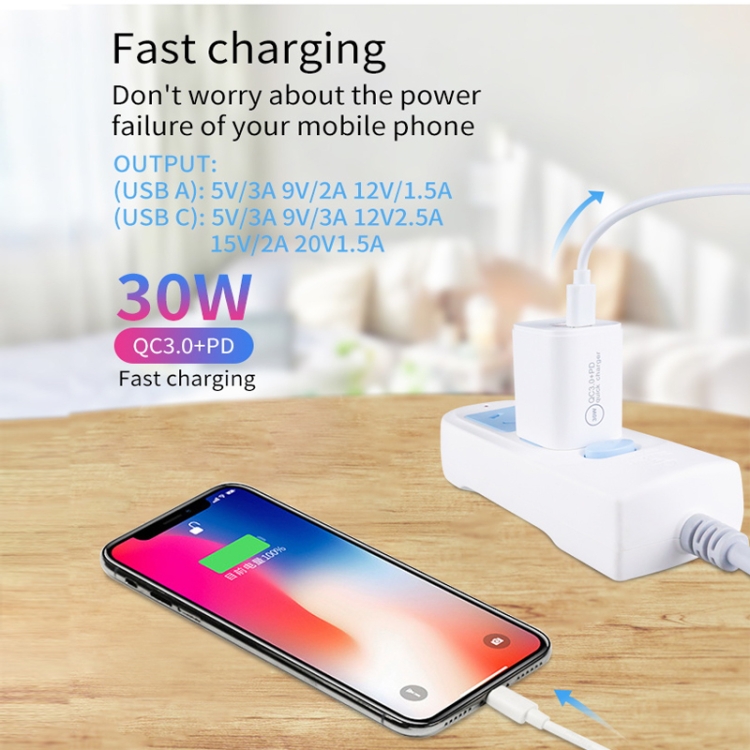 PD30W USB-C / Type-C + QC3.0 USB Dual Port Charger, EU Plug, US Plug, AU Plug 4 PD30W USB-C / Type-C + QC3.0 USB Dual Port Charger, EU Plug, US Plug, AU Plug - Image 4