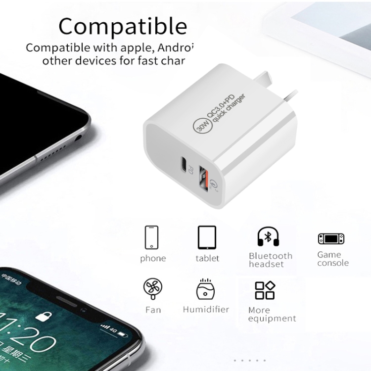 PD30W USB-C / Type-C + QC3.0 USB Dual Port Charger, EU Plug, US Plug, AU Plug 5 PD30W USB-C / Type-C + QC3.0 USB Dual Port Charger, EU Plug, US Plug, AU Plug - Image 5
