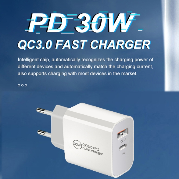 PD30W USB-C / Type-C + QC3.0 USB Dual Port Charger, EU Plug, US Plug, AU Plug 6 PD30W USB-C / Type-C + QC3.0 USB Dual Port Charger, EU Plug, US Plug, AU Plug - Image 6