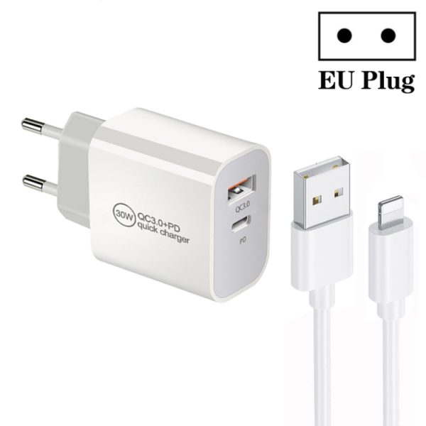 SYA002305801-1.jpg PD30W USB-C / Type-C + QC3.0 USB Dual Port Charger with 1m USB to 8 Pin Data ...