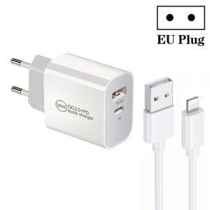 PD30W USB-C / Type-C + QC3.0 USB Dual Port Charger with 1m USB to 8 Pin Data Cable, EU Plug, US Plug, AU Plug