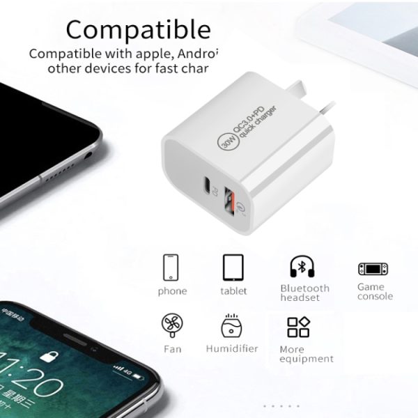 SYA0023058_B4.jpg PD30W USB-C / Type-C + QC3.0 USB Dual Port Charger with 1m USB to 8 Pin Data ...