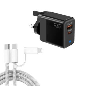 PD41 GaN PD 45W + USB Charger with USB-C to USB-C / 8 Pin Data Cable for iPhone, UK Plug, UK Plug