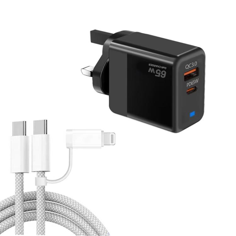 PD41 GaN PD 45W + USB Charger with USB-C to USB-C / 8 Pin Data Cable for iPhone, UK Plug, UK Plug 1 PD41 GaN PD 45W + USB Charger with USB-C to USB-C / 8 Pin Data Cable for iPhone, UK Plug, UK Plug
