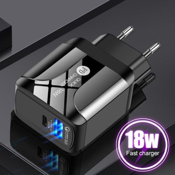 TBD0563482801_B1.jpg 18W PD + QC 3.0 Fast Charge Travel Charger Power Adapter With LED Indication Function, EU Plug Black, US Plug Black, UK Plug Black, EU Plug White, US Plug White, UK Plug White
