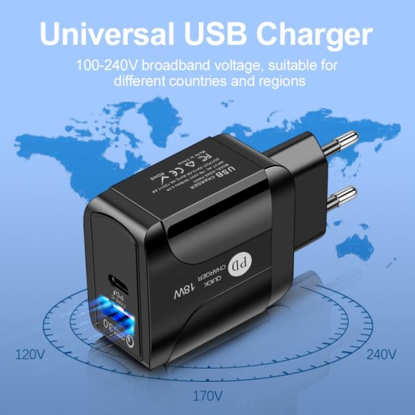 TBD0563482801_B2.jpg 18W PD + QC 3.0 Fast Charge Travel Charger Power Adapter With LED Indication Function, EU Plug Black, US Plug Black, UK Plug Black, EU Plug White, US Plug White, UK Plug White