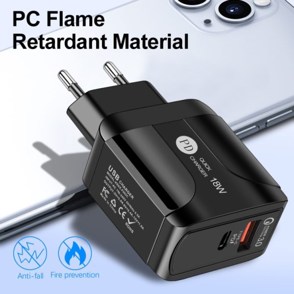 TBD0563482801_B3.jpg 18W PD + QC 3.0 Fast Charge Travel Charger Power Adapter With LED Indication Function, EU Plug Black, US Plug Black, UK Plug Black, EU Plug White, US Plug White, UK Plug White