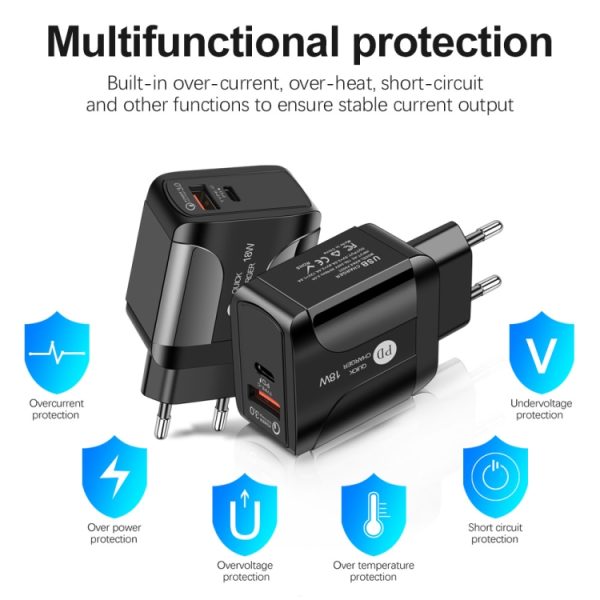 TBD0563482801_B4.jpg 18W PD + QC 3.0 Fast Charge Travel Charger Power Adapter With LED Indication Function, EU Plug Black, US Plug Black, UK Plug Black, EU Plug White, US Plug White, UK Plug White
