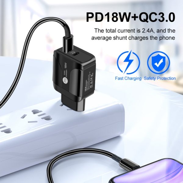TBD0563482801_B6.jpg 18W PD + QC 3.0 Fast Charge Travel Charger Power Adapter With LED Indication Function, EU Plug Black, US Plug Black, UK Plug Black, EU Plug White, US Plug White, UK Plug White