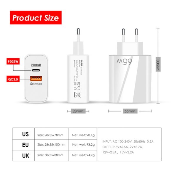 TBD06038265_B1.jpg A502 65W USB-C/Type-C+USB Dual Port GaN Charger QC3.0 Laptop Universal Charger, EU Plug Black, EU Plug White, US Plug Black, US Plug White, UK Plug Black, UK Plug White