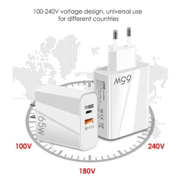 TBD06038265_B2.jpg A502 65W USB-C/Type-C+USB Dual Port GaN Charger QC3.0 Laptop Universal Charger, EU Plug Black, EU Plug White, US Plug Black, US Plug White, UK Plug Black, UK Plug White