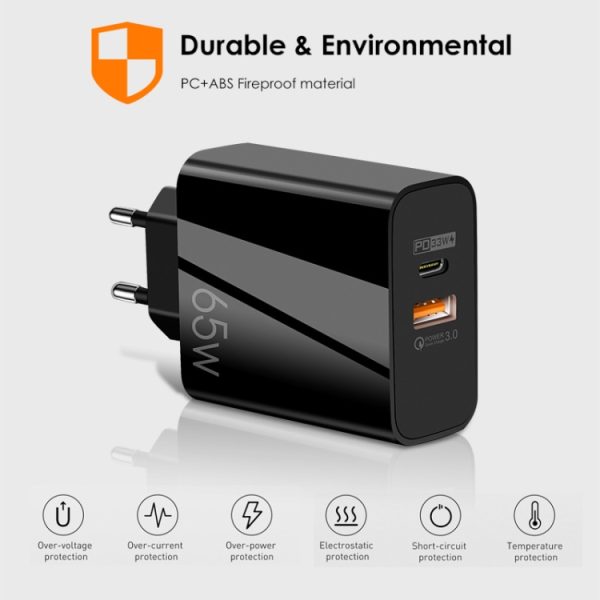 TBD06038265_B4.jpg A502 65W USB-C/Type-C+USB Dual Port GaN Charger QC3.0 Laptop Universal Charger, EU Plug Black, EU Plug White, US Plug Black, US Plug White, UK Plug Black, UK Plug White
