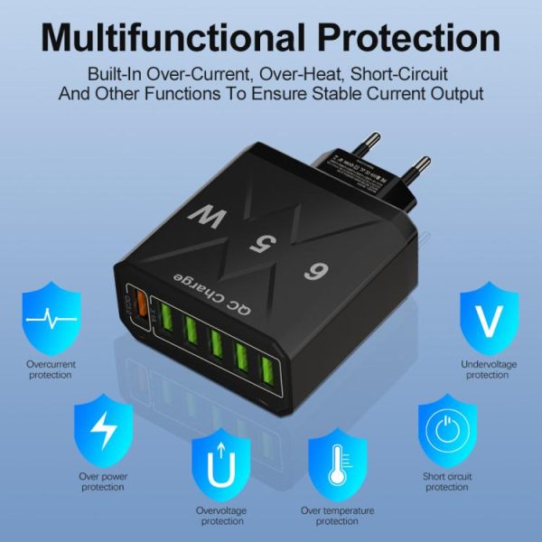 TBD06063058_B3.jpg 65W 6USB Ports QC3.0 Fast Charging Cell Phone Charger, EU Plug (Black), EU Pl...