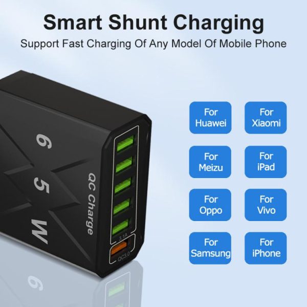 TBD06063058_B4.jpg 65W 6USB Ports QC3.0 Fast Charging Cell Phone Charger, EU Plug (Black), EU Pl...