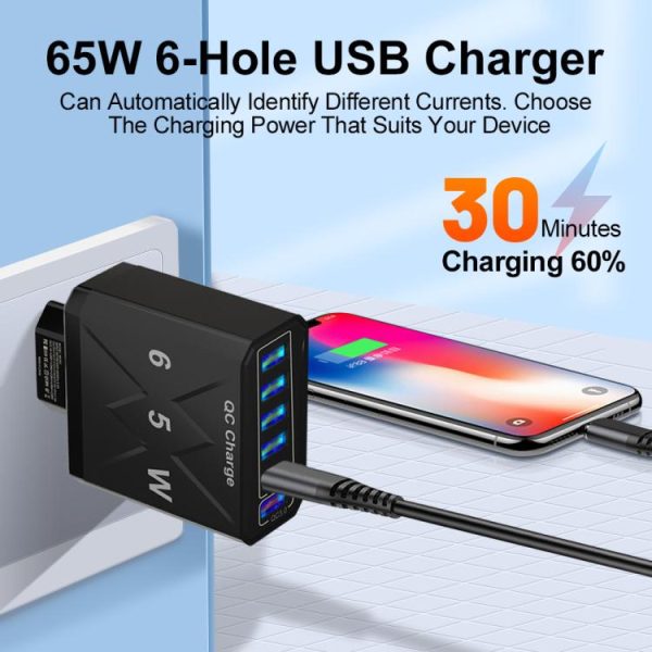 TBD06063058_B6.jpg 65W 6USB Ports QC3.0 Fast Charging Cell Phone Charger, EU Plug (Black), EU Pl...