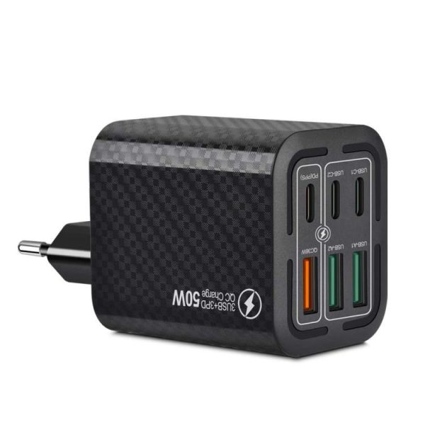 TBD0606310701-1.jpg 50W 3USB+3Type-C 6 Ports Fast Charging Cell Phone Charger, EU Plug (Black), E...