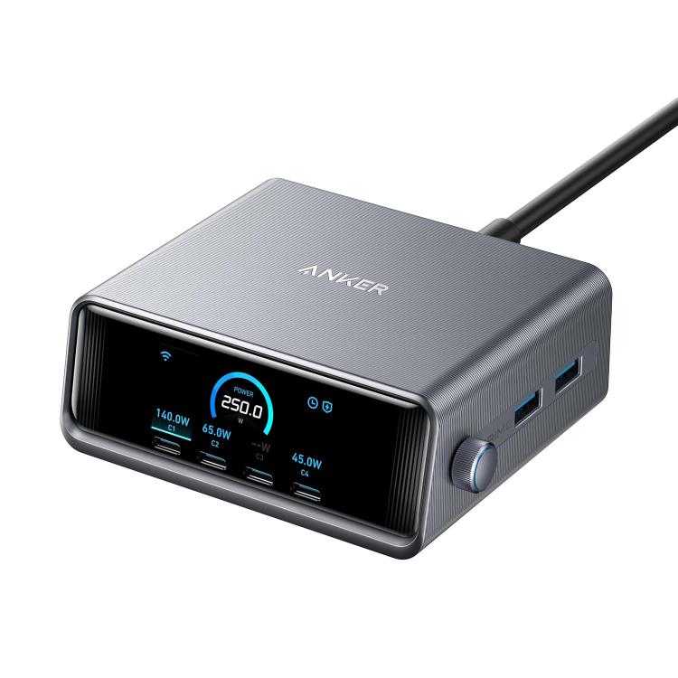 ANKER Prime Gallium Nitride 250W Fast Charger 4 Type-C+2 USB 6-port Desktop Smart Display Charging Station, US Plug, A2345 1 ANKER Prime Gallium Nitride 250W Fast Charger 4 Type-C+2 USB 6-port Desktop Smart Display Charging Station, US Plug, A2345
