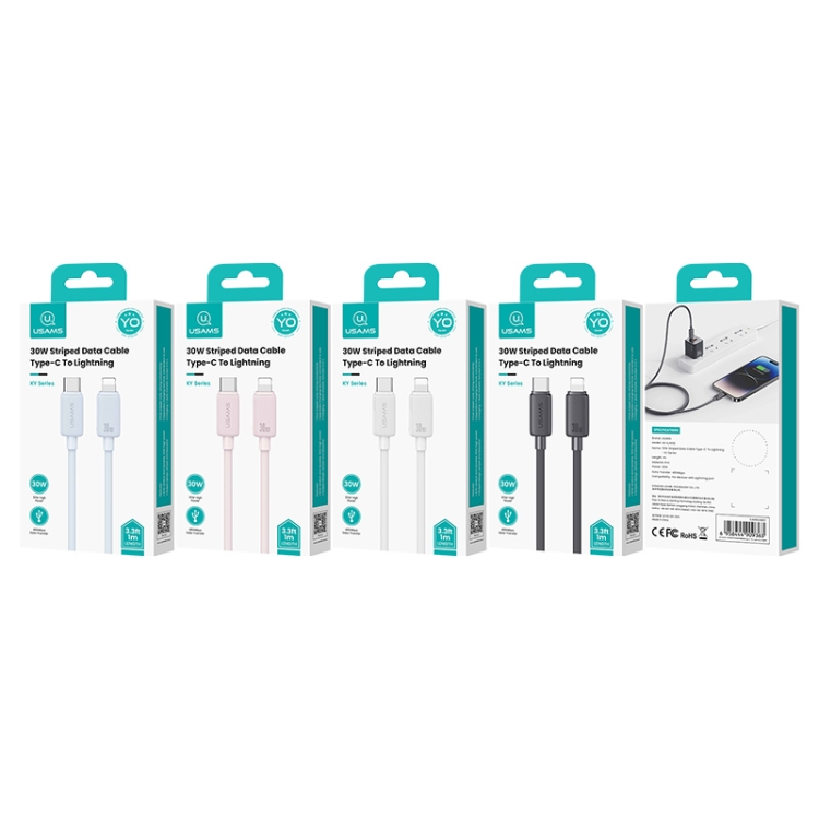 USAMS US-SJ697 USB-C / Type-C to 8 Pin 30W Striped Fast Charge Data Cable, 1m, 2m, 3m 2 USAMS US-SJ697 USB-C / Type-C to 8 Pin 30W Striped Fast Charge Data Cable, 1m, 2m, 3m - Image 2