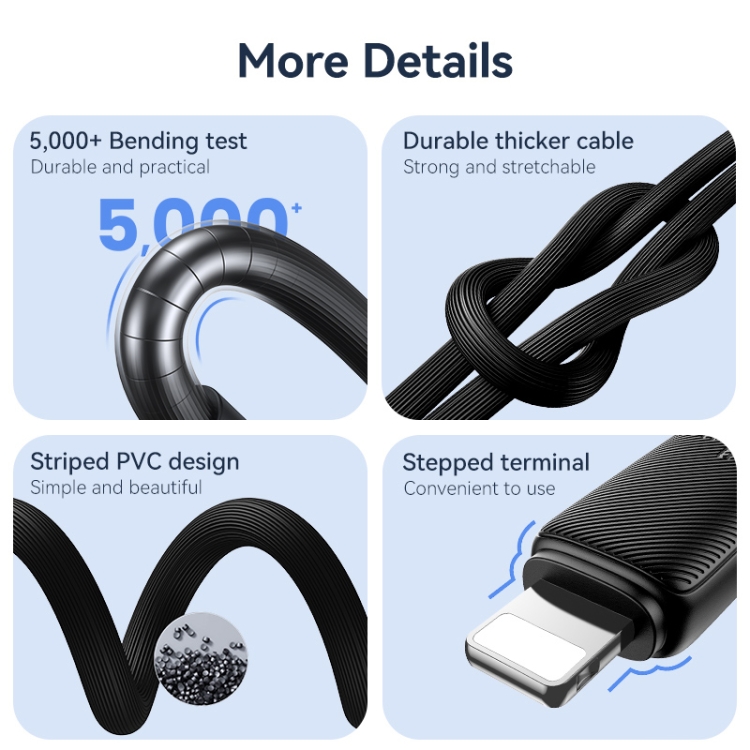 USAMS US-SJ697 USB-C / Type-C to 8 Pin 30W Striped Fast Charge Data Cable, 1m, 2m, 3m 10 USAMS US-SJ697 USB-C / Type-C to 8 Pin 30W Striped Fast Charge Data Cable, 1m, 2m, 3m - Image 10
