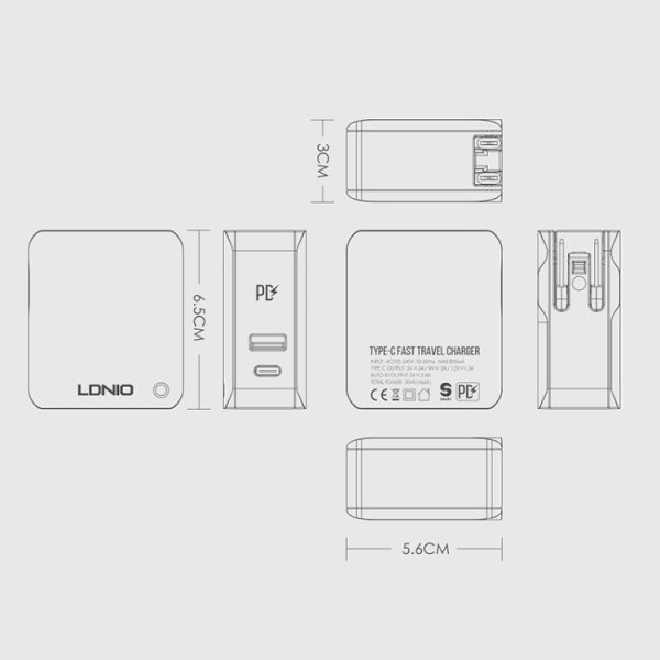 EPS0099_B1.jpg LDNIO A4403C 30W PD + Auto-id Foldable Fast Travel Charger with 1m Micro USB Cable, EU Plug, with Micro USB Cable, 30W with Micro USB Cable