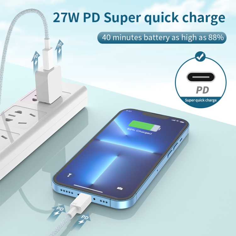27W PD USB-C / Type-C to 8 Pin Fast Charging Braided Data Cable, Cable Length: 1m, 27W 4 27W PD USB-C / Type-C to 8 Pin Fast Charging Braided Data Cable, Cable Length: 1m, 27W - Image 4