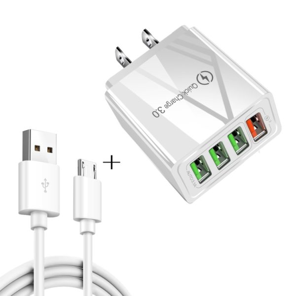 SYA001084401A-1.jpg 2 in 1 1m USB to Micro USB Data Cable + 30W QC 3.0 4 USB Interfaces Mobile Phone Tablet PC Universal Quick Charger Travel Charger Set, US Plug, Micro USB Set US Plug