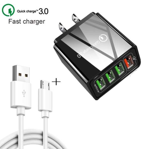 SYA001084401A_1.jpg 2 in 1 1m USB to Micro USB Data Cable + 30W QC 3.0 4 USB Interfaces Mobile Phone Tablet PC Universal Quick Charger Travel Charger Set, US Plug, Micro USB Set US Plug