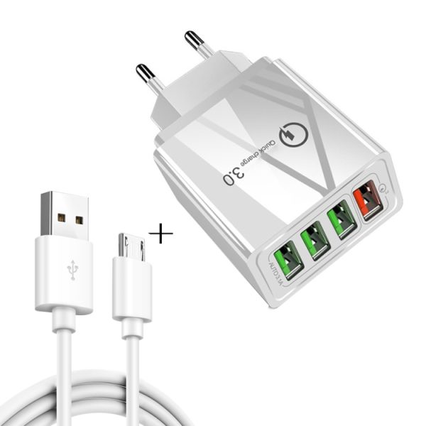SYA001084501A-1.jpg 2 in 1 1m USB to Micro USB Data Cable + 30W QC 3.0 4 USB Interfaces Mobile Phone Tablet PC Universal Quick Charger Travel Charger Set, EU Plug, Micro USB Set EU Plug