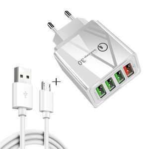 2 in 1 1m USB to Micro USB Data Cable + 30W QC 3.0 4 USB Interfaces Mobile Phone Tablet PC Universal Quick Charger Travel Charger Set, EU Plug, Micro USB Set EU Plug